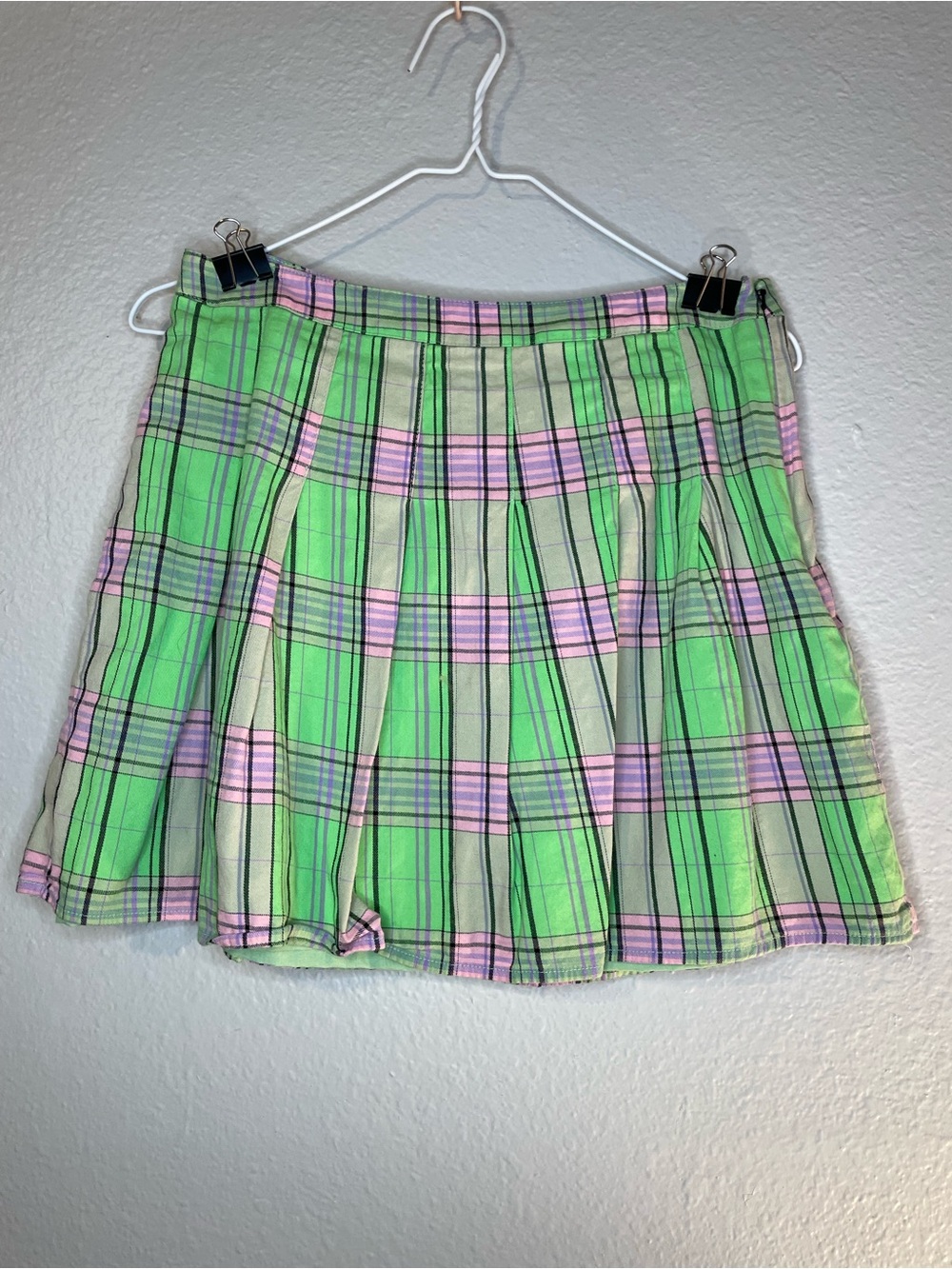 bp Pleated Plaid Skater Skirt in Lime Green & Light Pink